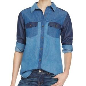 French Connection denim chambray patchwork indigo blue shirt Size 12